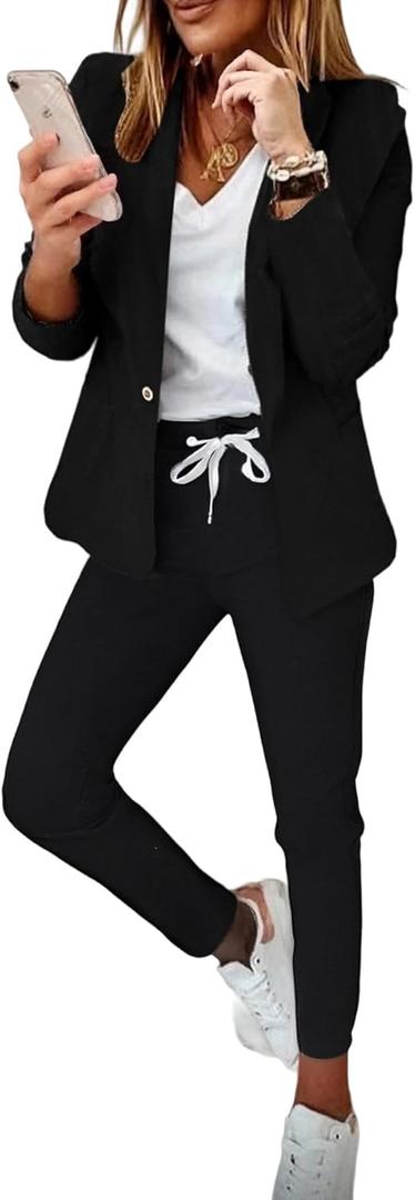 CHICME Womens Suits 2 Piece Set Notched Collar Blazer and Drawstring Pants Suits Set Casual Business Outfits (Small)