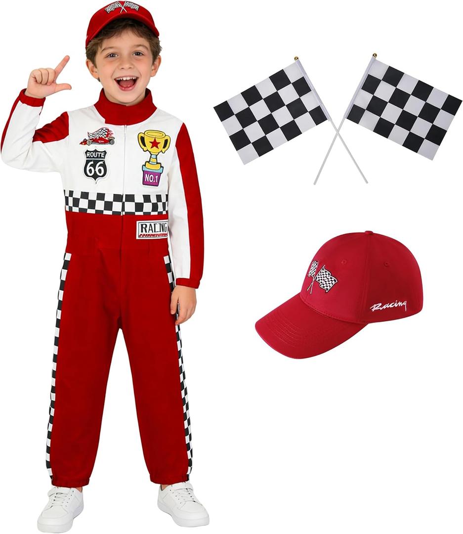 Kosgraiy Race Car Driver Costume Kid, Boy And Girl Racer Jumpsuit With Peaked Cap, Toddler Racing Costume Halloween, Red, L/ 140