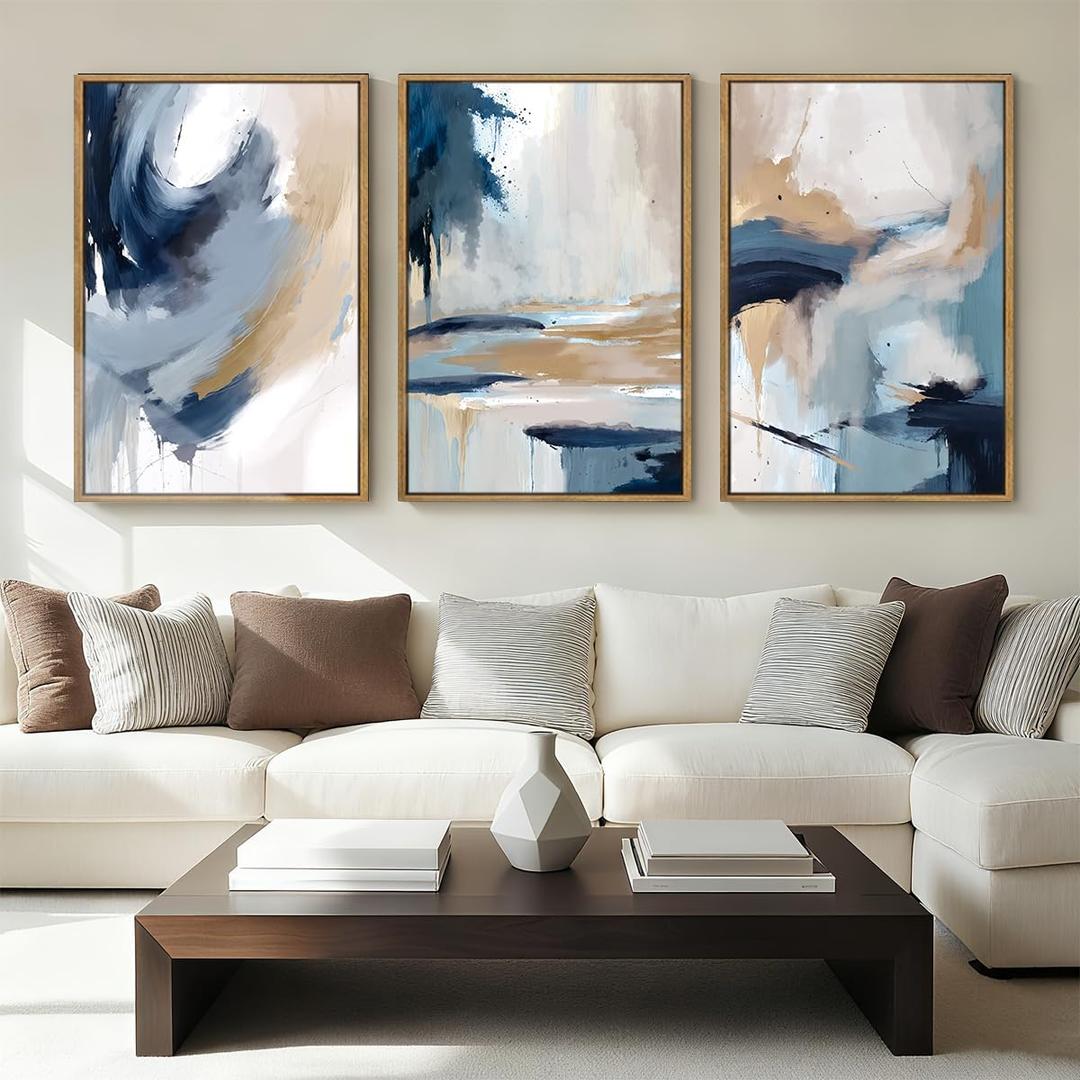 Large Blue Abstract Wall Art Framed Modern Artwork Neutral Wall Decor for Living Room Bedroom Office 16x24 Inch Set of 3