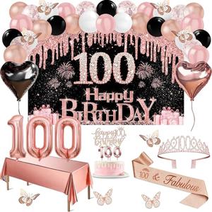 100th Birthday Decorations for Women, 49pcs Black Rose Gold Black Happy 100th Birthday Banner, Tablecloth, Butterfly Decor, Sash and Tiara, Cake Topper, Candles, Balloons Arch