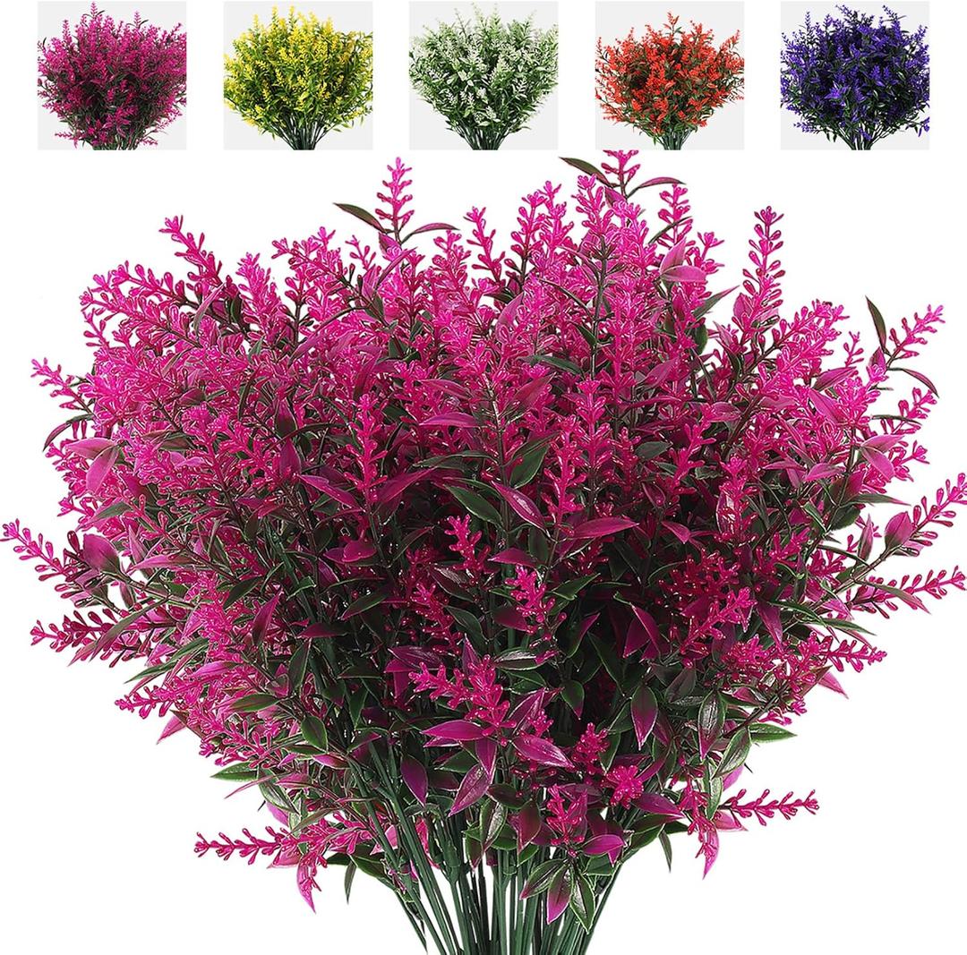 RECUTMS 8 Bundles Artificial Flowers Fake Outdoor Plants Faux Lavender Flower Plastic Shrubs Faux Flowers Fake Ferns Winter Artificial Fowers for Outdoors Indoor Outside Hanging Decorations (Fuchsia)