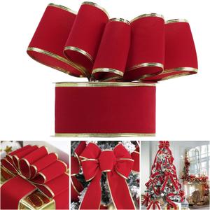 AIMUDI Red Velvet Ribbon for Christmas Tree 2.5 Inch Red and Gold Wired Christmas Ribbon for Gift Wrapping Wreaths Holiday Crafts Tree Topper Bows Home Decor- 25 Yards