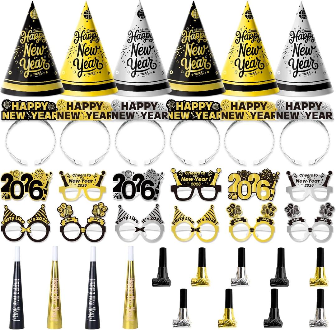 37PCS New Years Eve Party Supplies 2026 for 12 Guests, Happy New Years Decorations Party Favors Includes Cone Hats, Tiaras, Glasses, Noise Makers Accessories for Adults