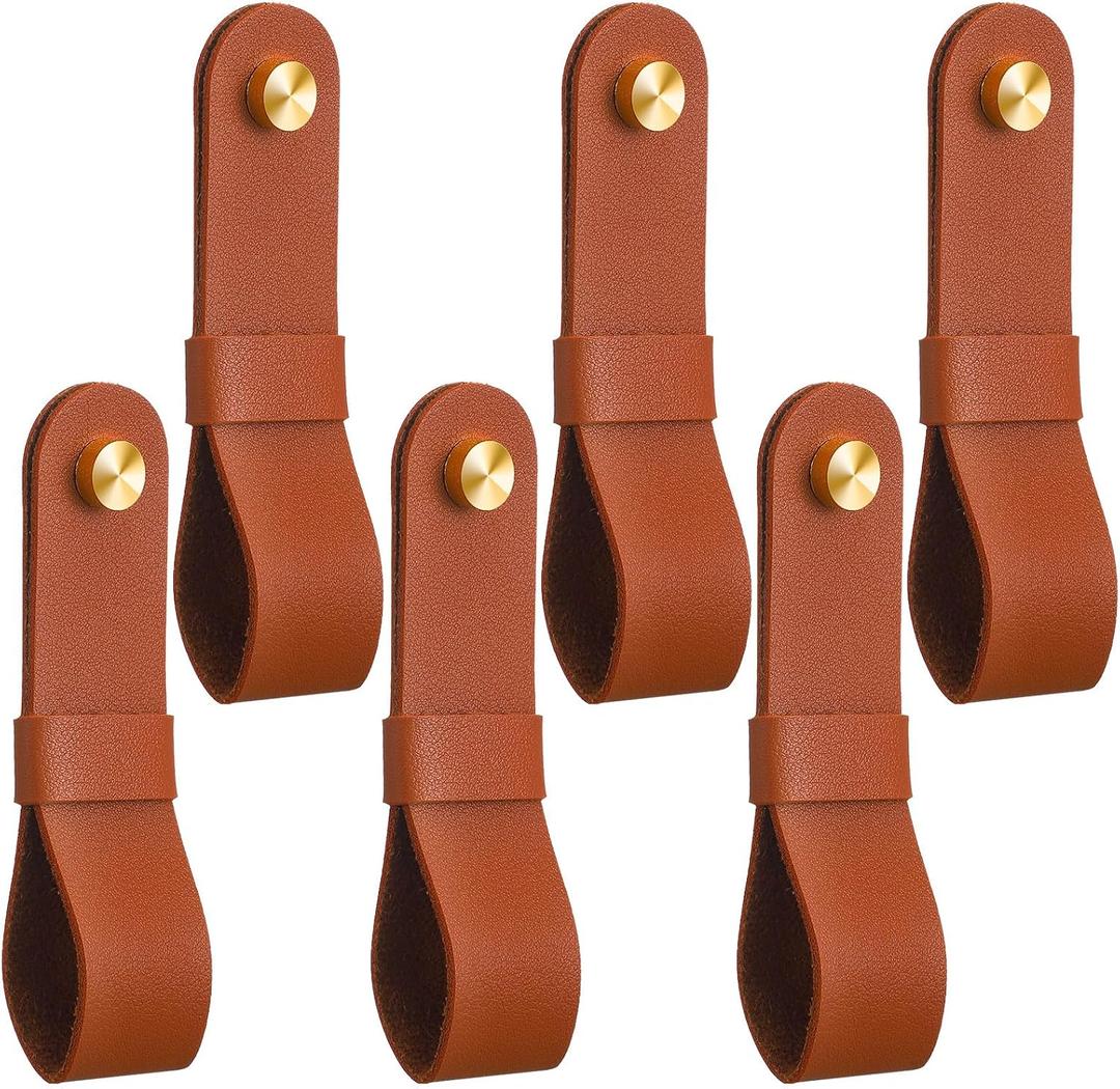CroBlissful 6 Pcs Leather Curtain Rod Holders PU Leather Curtain Rod Bracket Mounted Loop Straps with Screws and Plastic Wall Plugs, Boho Pole Hanger Hook for Towel Oar Home Wall Display Decor (Brown)