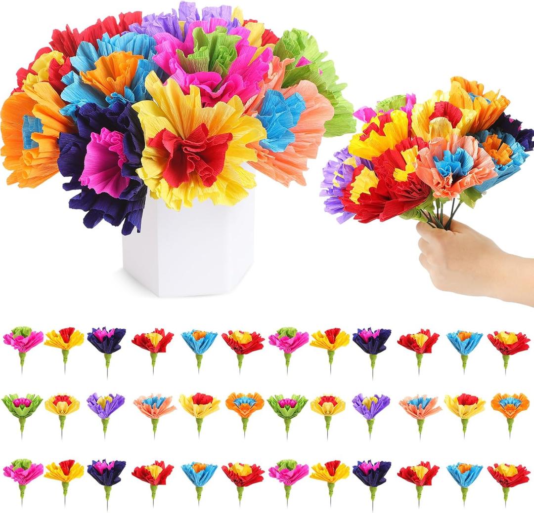 Ctosree 36 Pcs Mexican Artificial Rainbow Crepe Paper Flowers Bunch with Stems Mexican Fiesta Assorted Paper Flowers Fiesta Centerpieces for Dia De Los Muertos Decor (Bright)