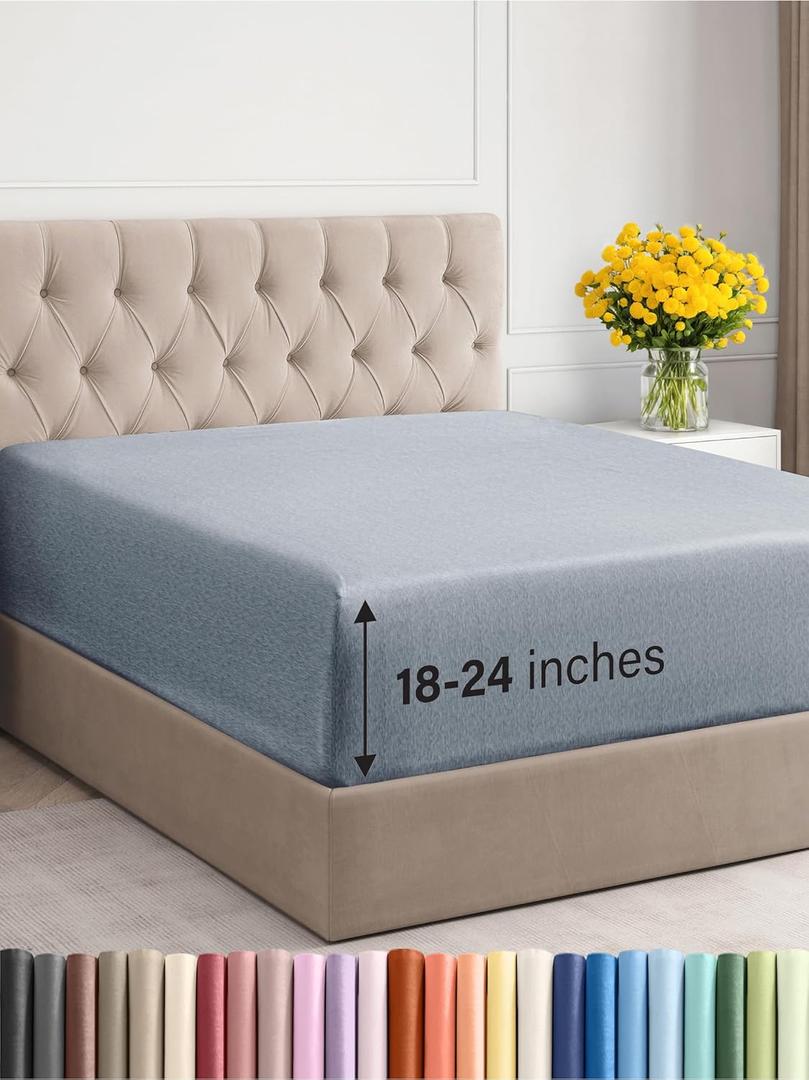 Extra Deep King Fitted Sheet - Hotel Luxury Single Fitted Sheet Only - Easily Fits 18 inch to 24 inch Mattress - Ultra Soft, Wrinkle Free with Extra Deep Pockets - Breathable & Comfy - Heathered Blue