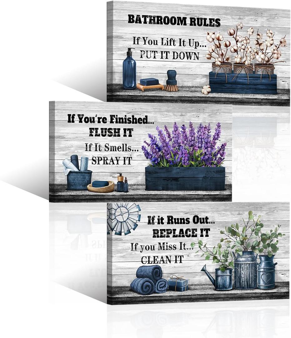HOMEOART Bathroom Rules Wall Decor Farmhouse Bathroom Sign Toilet Rules Guest Bathroom Wall Art, Framed Art Pictures 8x16inchx3Pieces (Blue)
