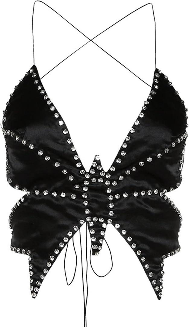 JUMISEE Women Sparkly Rhinestone Butterfly Crop Top Sexy Satin V Neck Bakless Lace Up Cami Tank Top for Rave Festival (Black)