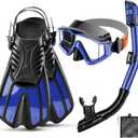 Snorkeling Gear for Kids Adults, 4 in 1 Snorkel Mask Fins Set with 3 Window Snorkel Mask, Dry Top Snorkel, Adjustable Short Fins and Mesh Bag, Anti-Leak & Anti-Fog Snorkel Gear for Snorkeling (Blue)