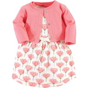 Touched by Nature Infant Toddler Girls Organic Cotton Dress and Cardigan, Rainbows Sunshine, 6-9M