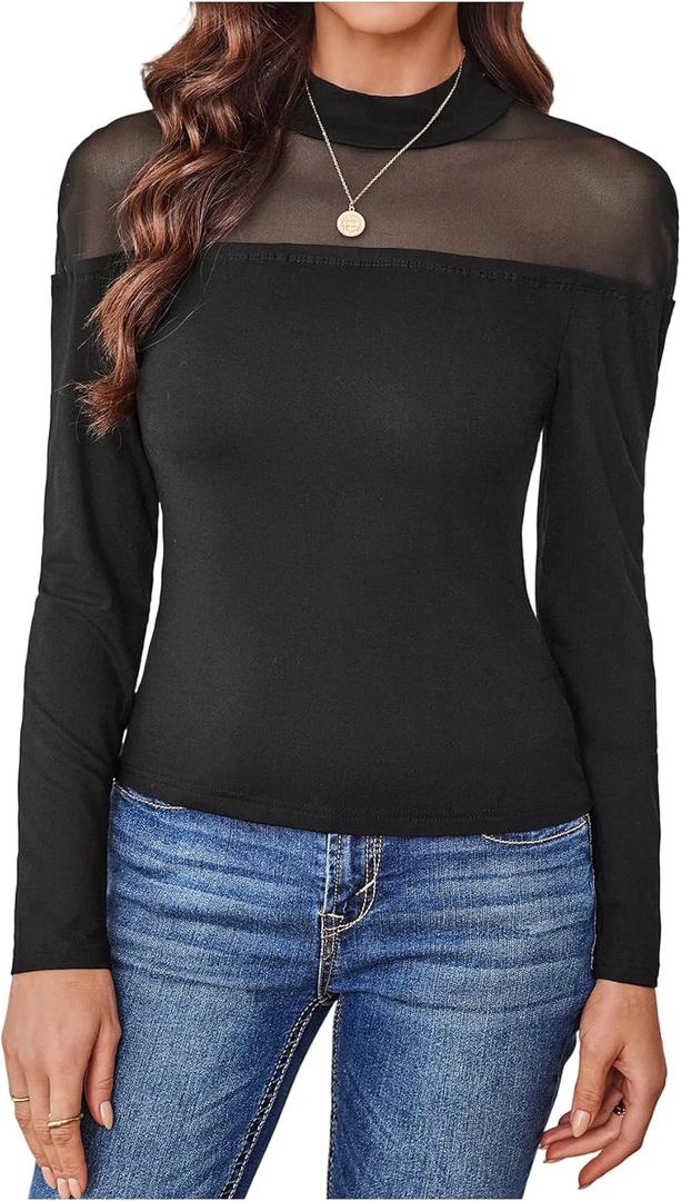 GORGLITTER Women's Turtleneck Long Sleeve Fall Tops Y2K Dressy Mock Neck Sexy Sheer Mesh Casual Going Out Tees Top 2025 (Black, XL)