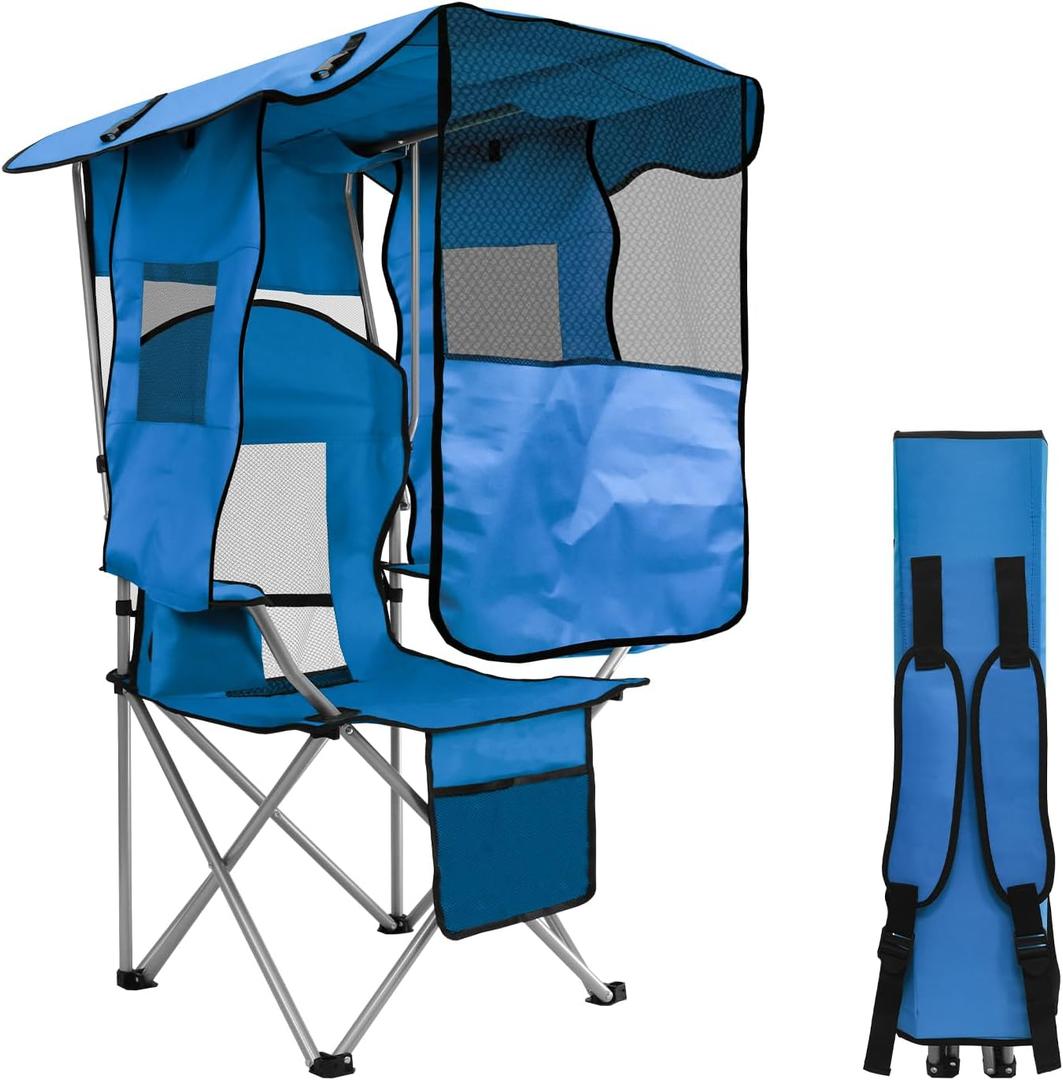 Beach Chair with Canopy Shade, Folding Camping Chair Support to 330LBS, Outdoor Chair with Cup Holder & Cooler Bag for Travel Hiking, 23.6 inches x 36.6 inches x 50 inches