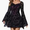 WDIRARA Women's Floral Jacquard Mesh Gothic Dress Bell Long Sleeve A Line Vintage Dresses. XL