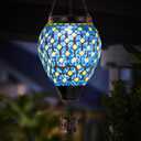 Mosaic Hot Air Balloon Solar Lantern with Flickering Flame, Blue Mosaic Hanging Solar Lantern Lights Outdoor Waterproof for Garden Patio Gifts for Women Mom Grandma