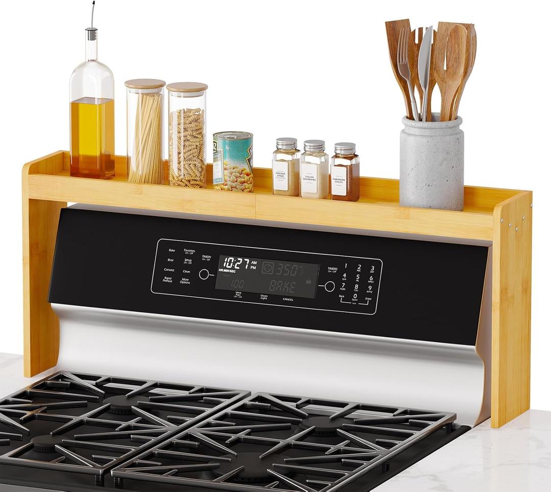 SpaceAid Bamboo Over the Stove Spice Holder Shelf, 31.5" Kitchen Organizer Stove Spice Top Rack, 11.6" Height Countertop Storage, Over Oven Back Sink Organization Shelf, Natural (Large)
