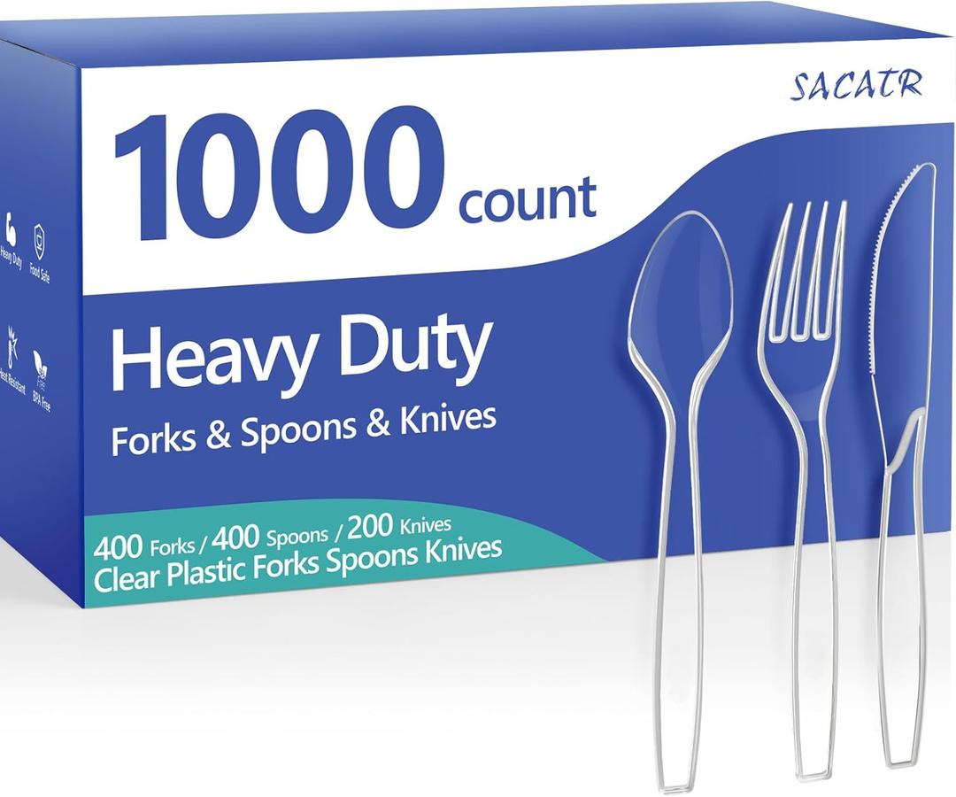 SACATR 1000 Count Plastic Silverware Heavy Duty - 400 Forks, 400 Spoons, 200 Disposable Knives, BPA-Free, Disposable Plastic Cutlery Set, Plasticware Suitable for Party Everyday Use