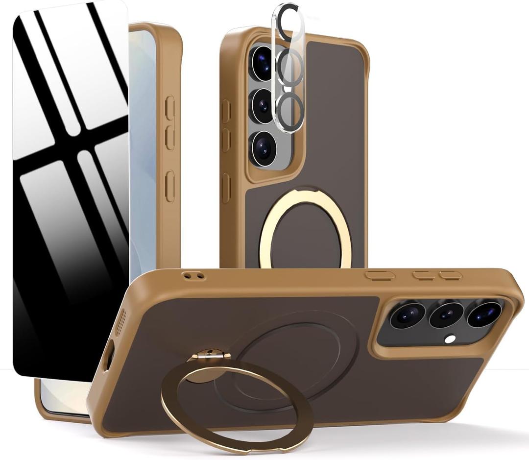 Privacy Case for Samsung Galaxy S25 /S24,360 Rotated Magnetic Ring Stand Phone Case with Privacy Screen Protector & Camera Cover,[Compatible with Magsafe] Shockproof Samsung S 25/S 24 Cover,Desert