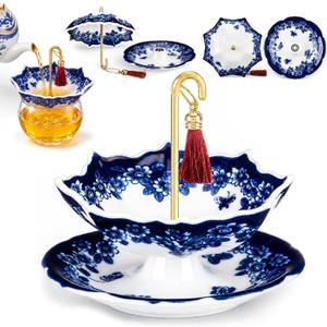 Umbrella Tea Strainer, Blue and White Porcelain | Umbrella Shape Ceramic, For Loose Leaf Tea, Rotating Design, Coffee Brewing Filter, One Piece