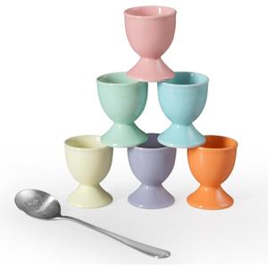 Cinf Easter Gift Macaroon 6Pack Ceramic Egg Cups With 1 Cute 304 Stainless Steel Spoon for Hard and Soft Boiled Eggs Breakfast Accessory Decoration Gift