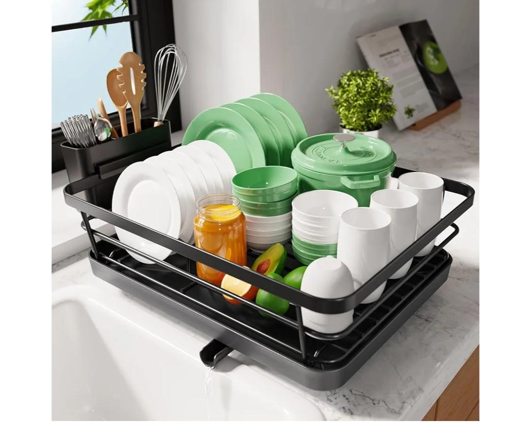 Kitsure Dish Drying Rack for Kitchen Counter, Stainless Steel Sink Organization and Storage Essentials with Cutlery Holder, Home and Appartment Decor, 12''W x 15.5''L, Black