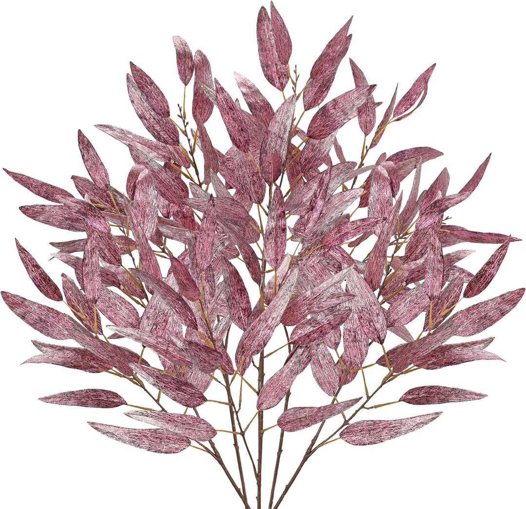 DILATATA 33.5" Purple Leaves for Christmas Tree, Glitter Christmas Leaf Stems, Non-Shedding Shiny Sequin Fabric Christmas Picks for Wreath, Centerpiece Decor 