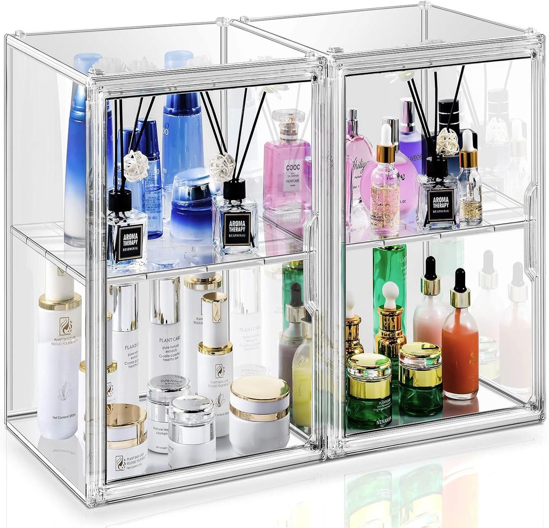 2Pack Makeup Organizer Storage, Large Capactiy Acrylic Bathroom Organizer, Clear Cosmetics Organizer Bins with Division Board for Vanity, Skincare, Countertop Storage and Display Case