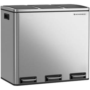 SONGMICS Trash Can, 3 x 4.8 Gallon Garbage Can, 14.4 Gallon Recycle Bin with Soft-Close Lids, Pedals, and Inner Buckets for Kitchen, Stainless Steel, Silver and Black ULTB54NL