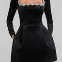 Women's Elegant Velvet Dress Long Sleeve Square Neck Pearl A Line Flowy Bridesmaid Cocktail Party Midi Dresses (Black, M)