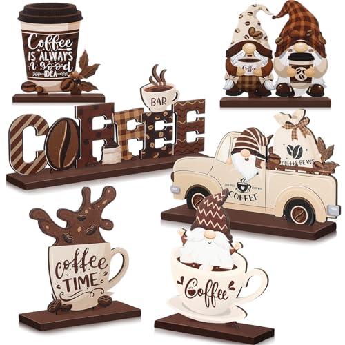 Blosssound 6 Pcs Coffee Bar Decor Sign Coffee Bar Accessories Farmhouse Gnomes Rustic Table Centerpiece Wood Tiered Tray Decor Table Signs for Home Kitchen Ornament