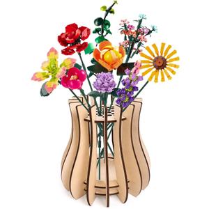 Wooden Vase Kit for Lego Roses Cherry Blossom Sunflower Tulips Daffodils Lotus Cute Flower Vase for Lego Bouquet Arrangement Home Decoration for Women AdultsNatural