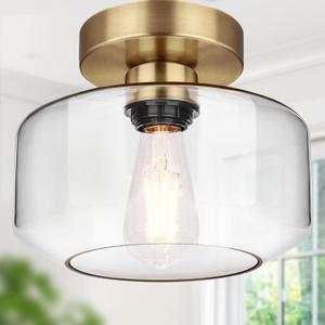 Lynnoland Industrial Semi Flush Mount Ceiling Light Brass, 800 Lumen LED Bulb Included, Clear Glass Shade Ceiling Light Fixture, Light Fixture for Hallway Bathroom Bedroom, Vintage Hanging Lighting