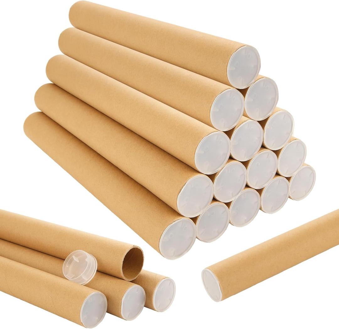 CYEAH 20 Pcs Mailing Tubes with Caps, 1.5x12-Inch Kraft Paper Poster Tube for Shipping, Packing, Bulk Round Packaging, Cardboard Mailers, Art Prints, Maps, Blueprint