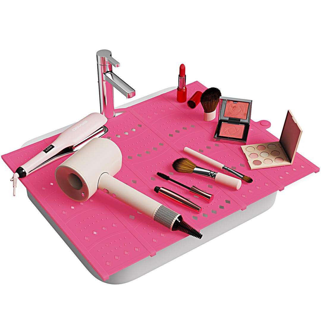 Bathroom Sink Cover for Counter Space, Foldable Silicone Sink Mat Makeup Organizer Mat Space Saver, Women’s Gifts for Valentines RV Camper Travel Must Haves Accessories, Pink, 