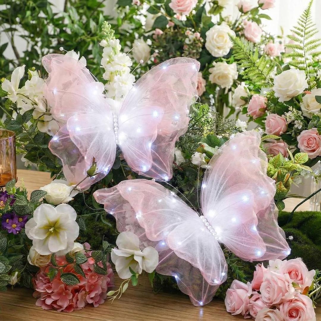 Yinkin 2 Pcs 20 Inch Large LED Butterfly Decorations Mariposas Grandes para Decoracion Giant Light up 3D Butterflies for Wedding Birthday Party Baby Shower Decor(Gradient Pink)