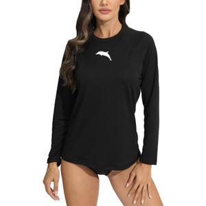 Halcurt Women's Long Sleeve Rash Guard Swim Shirt with Built in Bra Lightweight UPF50+ Quick Dry Swimsuit Top (Black, M)