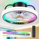 Low Profile Ceiling Fan with Light - Modern Flush Mount Ceiling Fan, 15" RGB Dimmable LED Enclosed Ceiling Fans, Modern Bladeless LED-RGB Ambient Light for Bedroom Kids Room Party（Black）