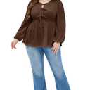 AlvaQ Plus Size Babydoll Tops for Women Dressy Tendy Long Sleeve Crewneck Bow Tie Front Peplum Blouse Shirts,Coffee 1X