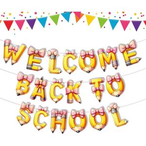 4 x Welcome Back to School Banner - Back to School Banner for Back to School Decorations - Bow Pencil Banner for First Day of School Decorations Classroom School Decorations Supplies Home Photo Backdrop