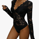 Everbellus Sexy Lace Body Suits for Women Long Sleeve Deep V Lingerie Top Date Night Clubwear, M