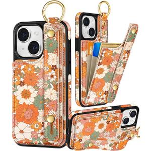 Petitian for iPhone 15 Plus Case with Wallet - Women Girls Cute Girly Aesthetic Unique Design with Leather Credit Card Holder Cardholder Stand Wristband for Apple 15 Plus, Orange Floral