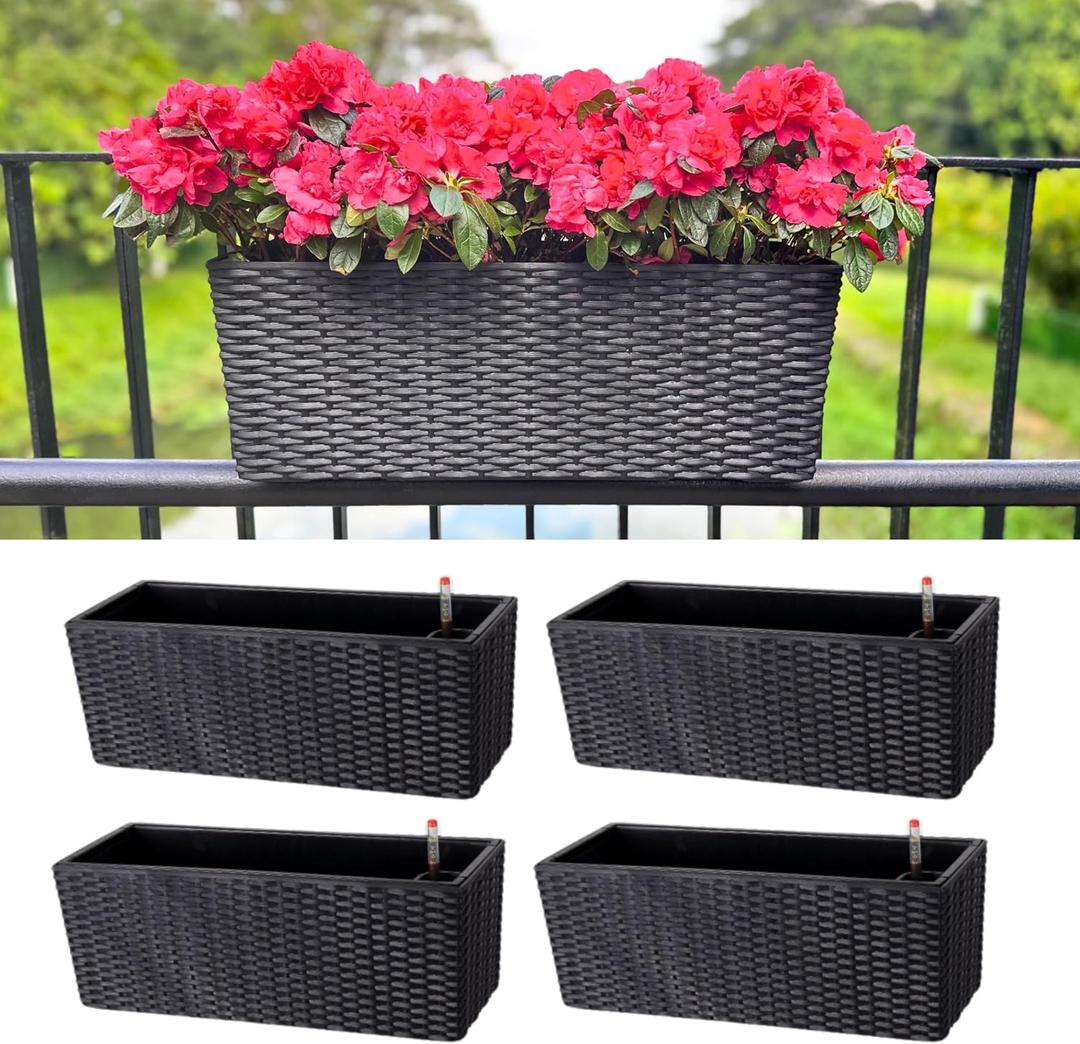 LaLaGreen Deck Railing Planter Box (20 Inch, 4 Pack) Black Rectangular Window Flower Boxes with Bracket, Self Watering System Hanging Planter Box for Outdoor Plant Container Herb Rail Fence Balcony