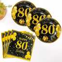 80th Birthday Party Supplies 80th Birthday Disposable Tableware Happy Birthday Party Plates and Napkins Black and Gold Birthday Table Decoration for 20 Guests