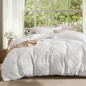 Bedsure Boho Duvet Cover King Size - Boho Bedding, Tufted King Duvet Cover for All Seasons, 3 Pieces Embroidery Distressed Vintage Home Bedding,Comforter Not Included (White, 104" x 90")
