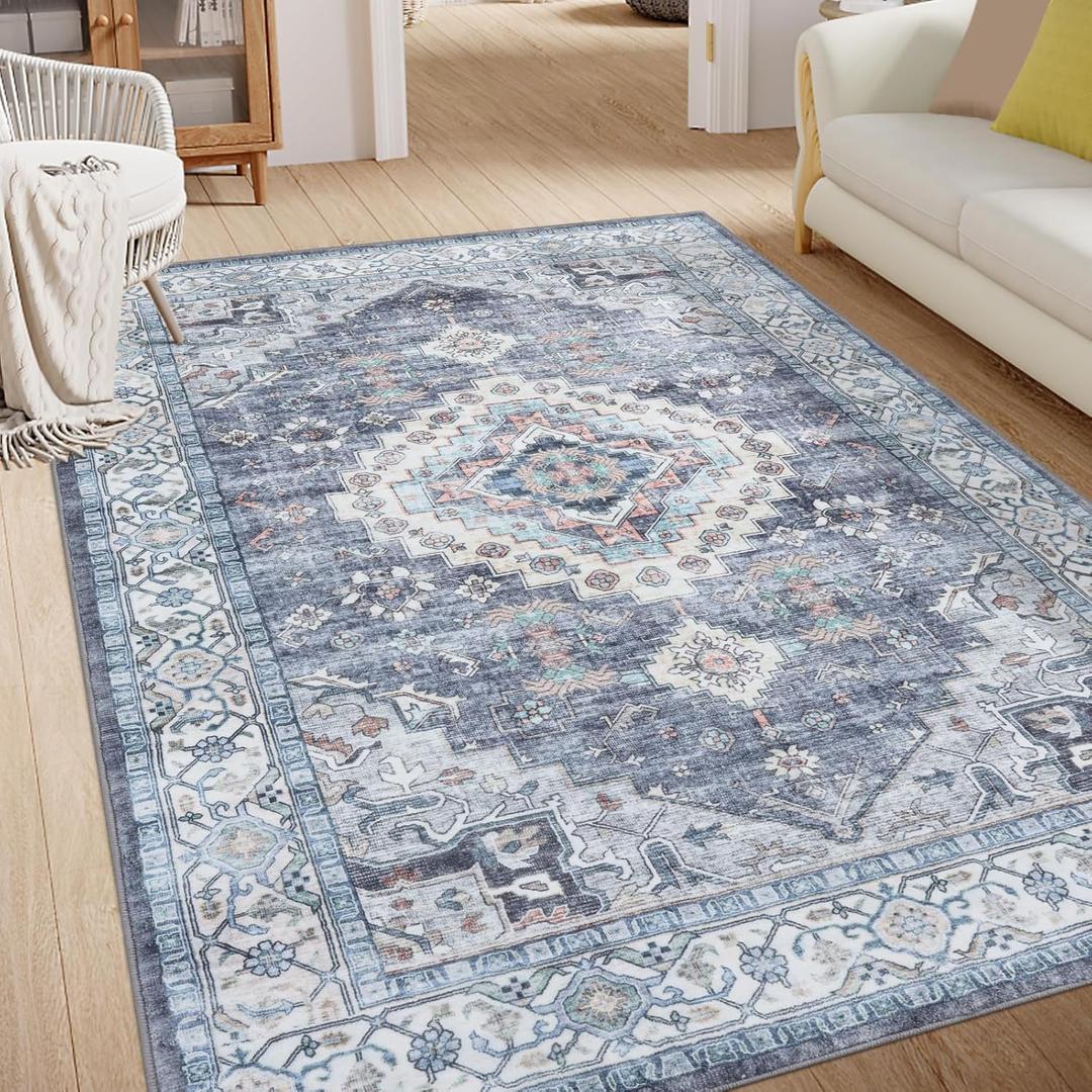 Smiry Area Rugs for Living Room Bedroom, Machine Washable 3x5 Vintage Rug, Soft Plush Bedside Floor Carpet for Farmhouse Nursery Kitchen Laundry Home Decor, Blue/Grey Smiry Area Rugs for Living Room Bedroom, Machine Washable 3x5 Vintage Rug, Soft Plush Bedside Floor Carpet for Farmhouse Nursery Kitchen Laundry Home Decor, Blue/Grey