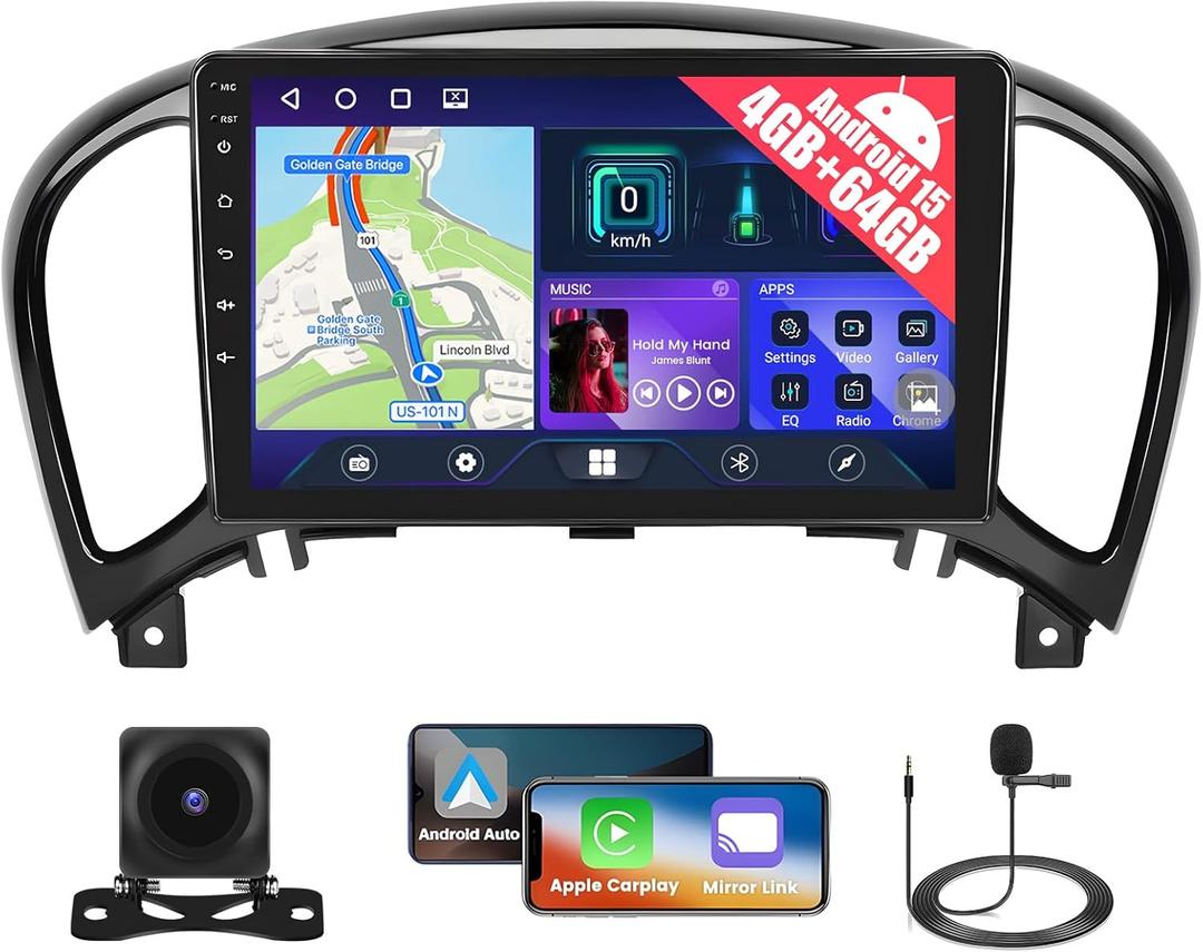 4+64GB Android 15 Car Radio for Nissan Juke 2011-2016 with Wireless CarPlay Android Auto, Realdio 9 Inch Touchscreen for F150 Car Stereo with Bluetooth 5.0, FM/RDS, 32EQ, GPS, WiFi, UI, Backup Camera