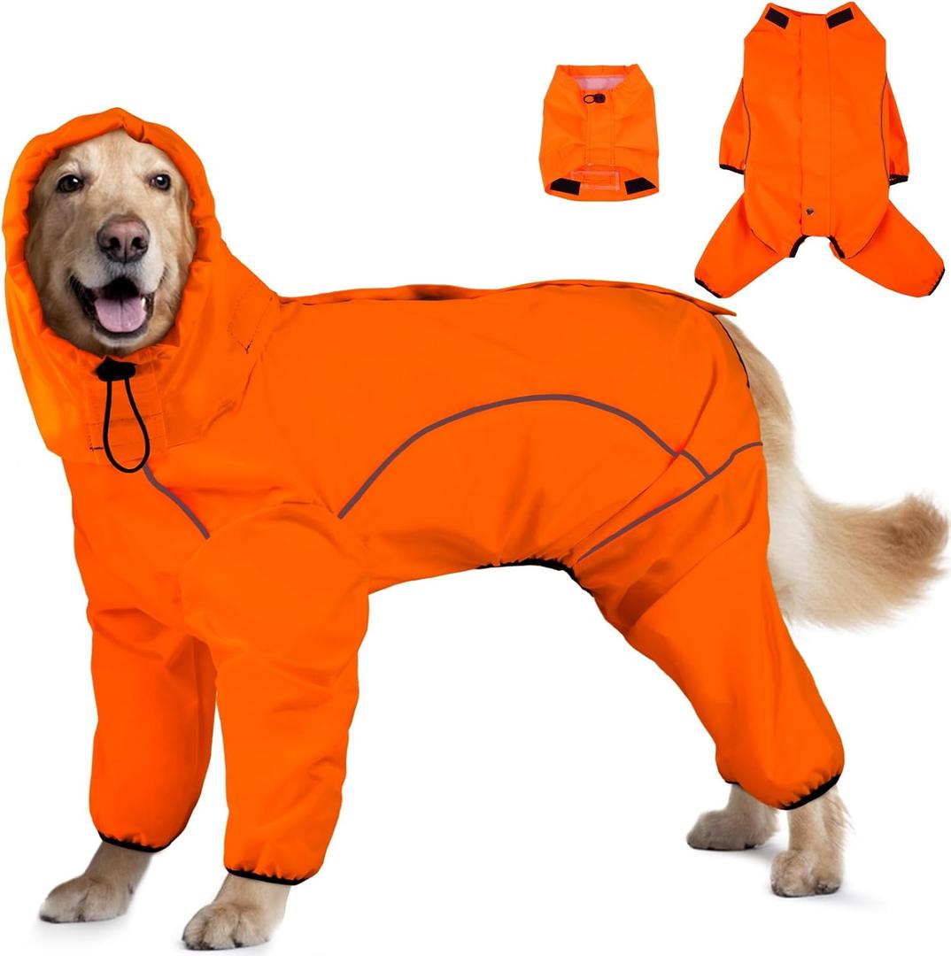 Dog Raincoat, Waterproof Dog Rain Jacket with Removable HoodAdjustable 4 Legs Pet Poncho with Leash HoleReflective Stripe Hooded Snowproof Windproof Clothes for Small to 3X-Large Dogs, L (Orange)