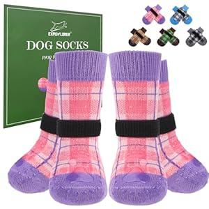 EXPAWLORER Dog Socks for Hardwood Floors, Dog Shoes for Winter, Dog Booties for Cold Pavement to Prevent Licking, Paw Protectors Strong Traction Control for Small Dogs, Blue S