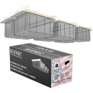 USA Based Overhead Garage Storage Rack, Connectable Heavy Duty Metal Ceiling Rails Garage Storage Organization Shelving System, Hanging Racks Tote Containers, Supports Up To 6 Bins, 4 Sets White