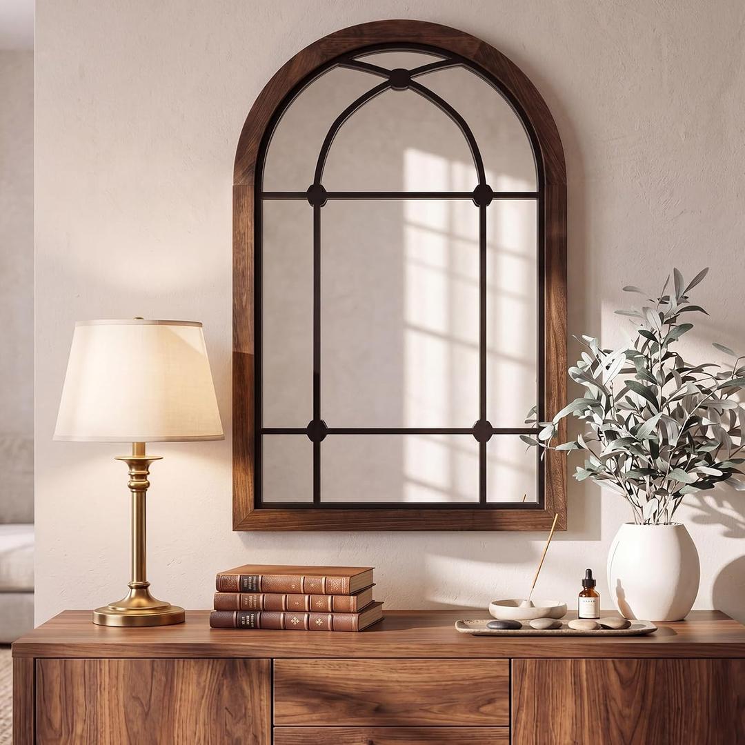 Vercraft Rustic Mirror for Bathroom, Wooden Framed Farmhouse Mirror, Wall Mount Farmhouse Decorative Brown Vintage Mirrors for Bathroom Vanity, Bedroom, Entryway, Living Room(24 x 36 Inch,Arched)