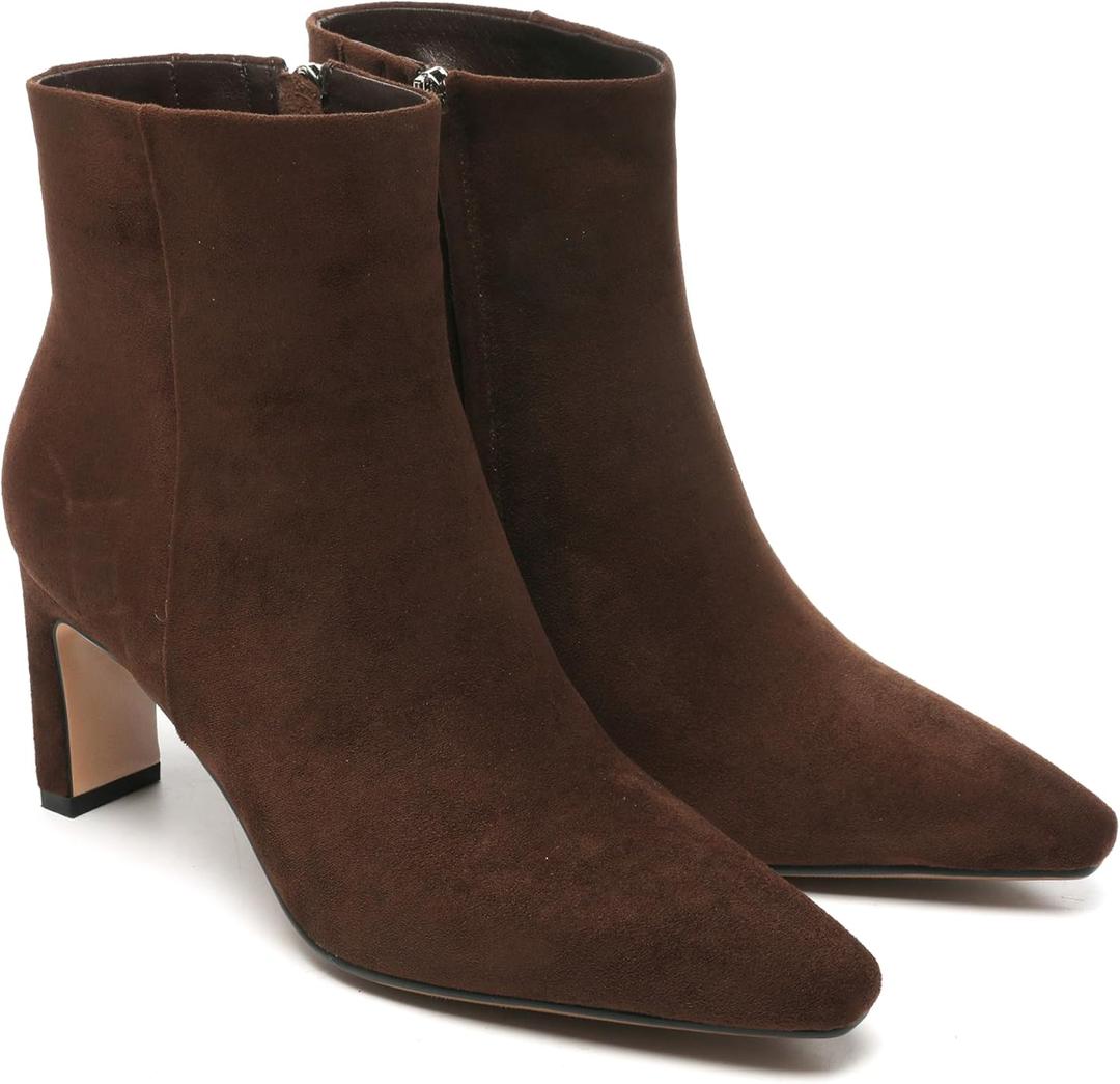 Brown Suede Ankle Boots for Women Pointed Toe Chunky High Heeled Booties Fall Dressy Short Boots with Zipper (Brown), 9.5